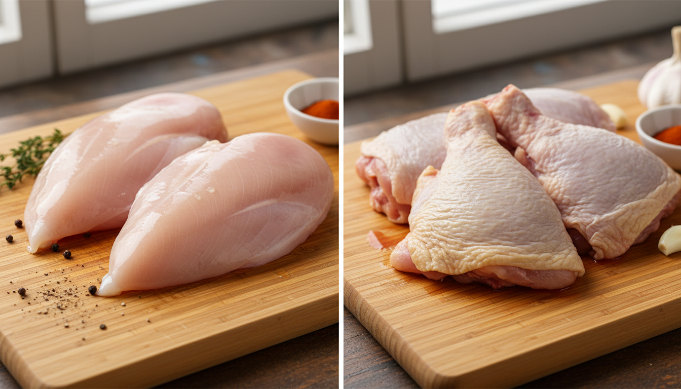 A visual comparison of raw ingredients focusing on chicken thigh vs breast nutrition