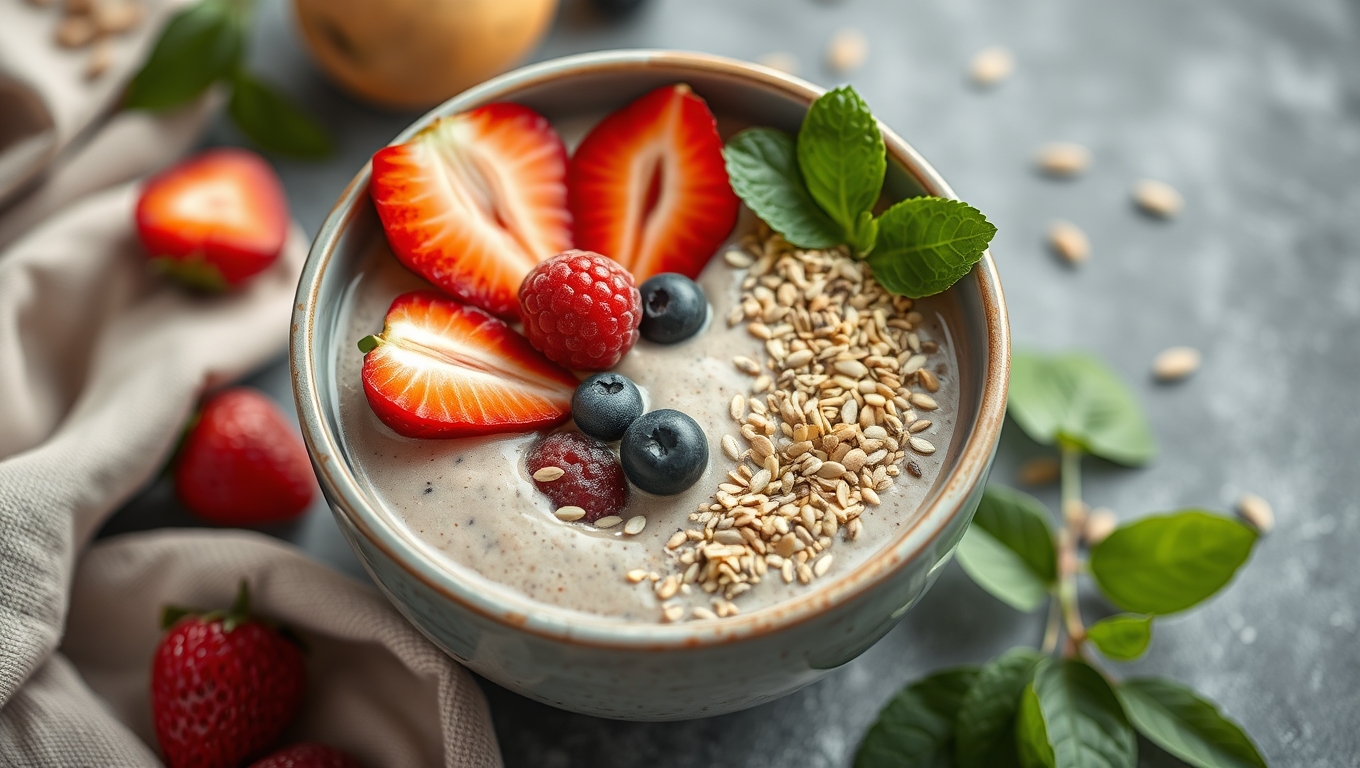 A bowl of yogurt and fruit representing a diet that supports gut health powder