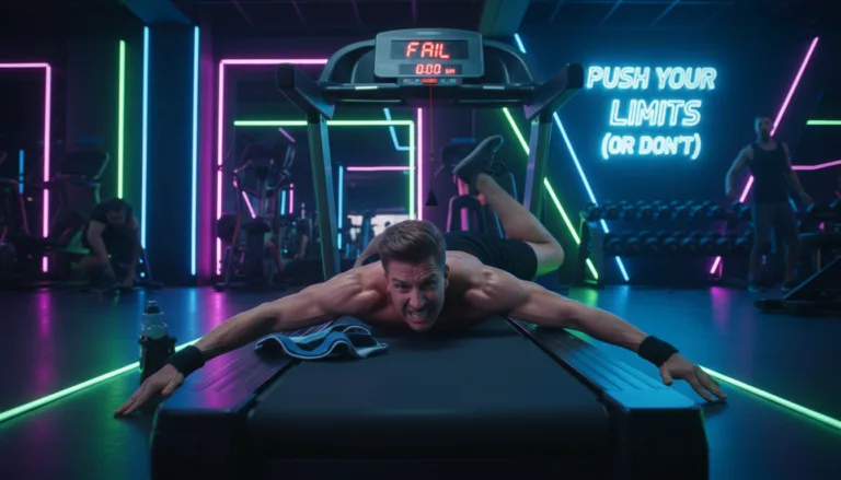 Exhausted gym goer face-down with funny workout quotes caption.