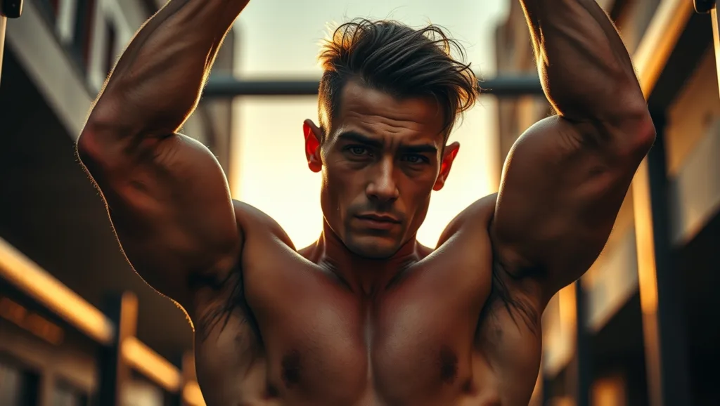 Athletic man performing a muscle up on outdoor pull up bars