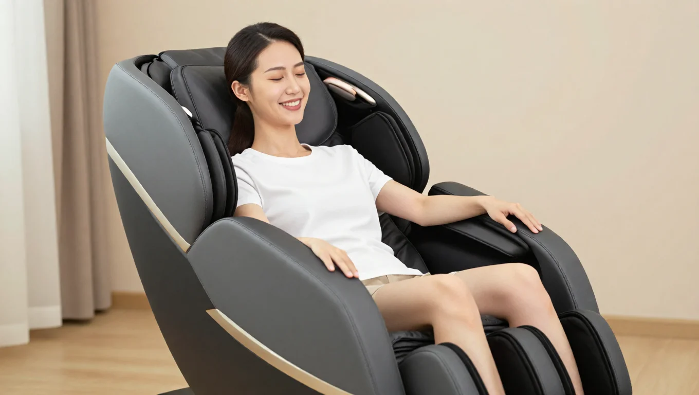 A happy member relaxing in a massage chair at Planet Fitness